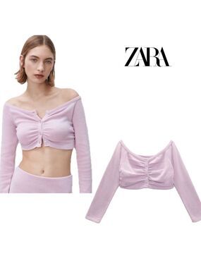Zara Lilac purple long sleeve off the shoulder cropped sweater top button front